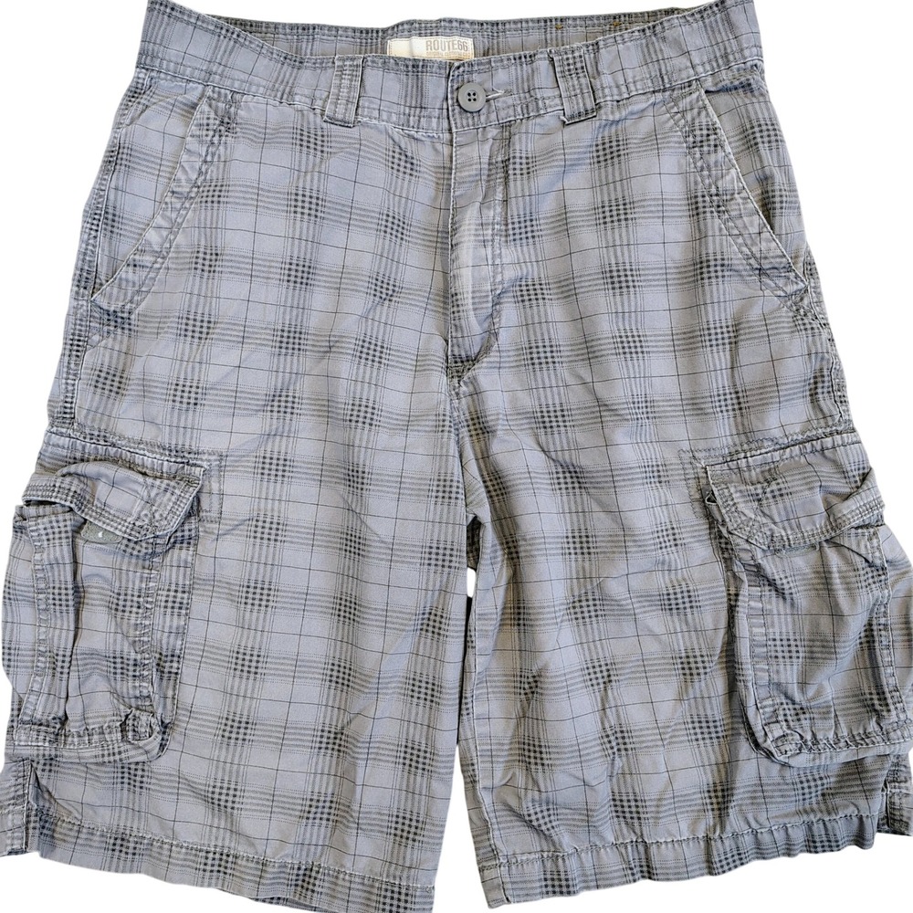Route 66 Mens SZ 34 Cargo Shorts Grey Plaid Cotton Gorpcore Utilitarian Y2K